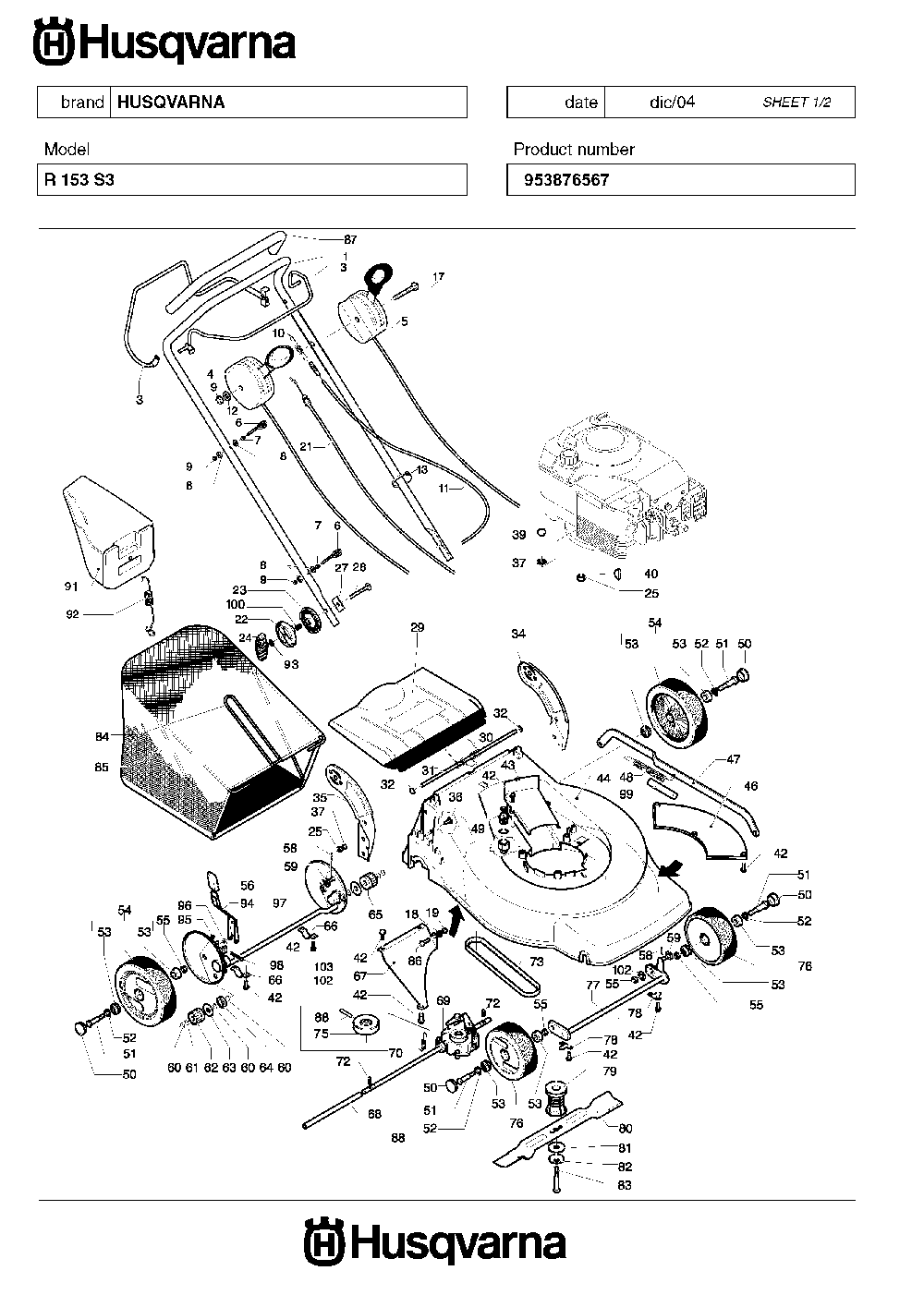 Product Complete Diagram and Parts List for R153S3 (953876567)(2005-02) Husqvarna Lawn Mower