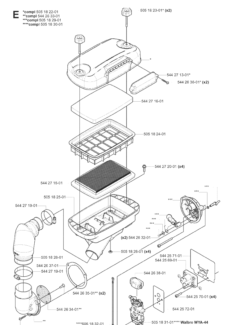 Carburetor And Air Filter Diagram and Parts List for 180BF 20080500001-20084000000 Husqvarna Leaf Blower / Vacuum