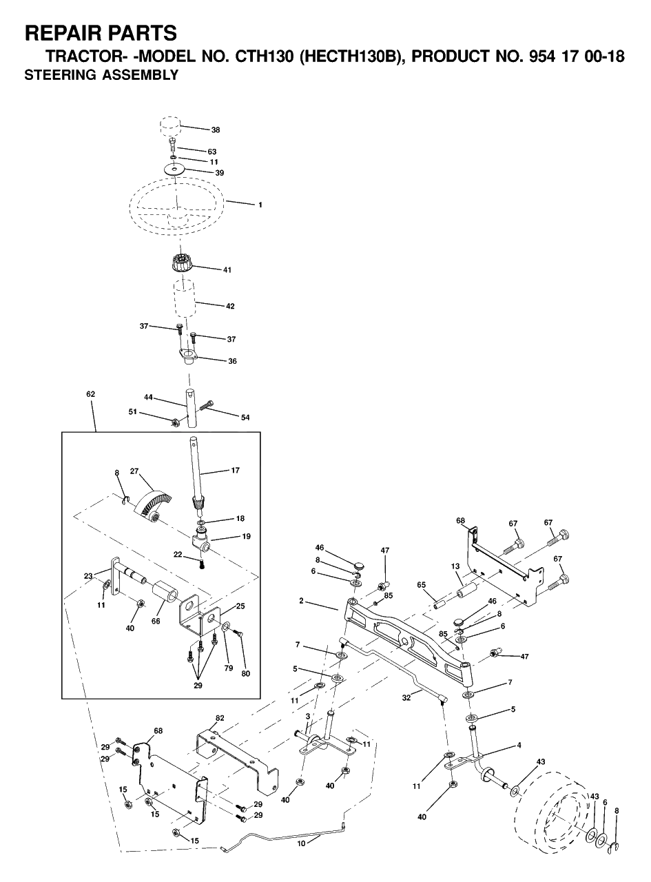 Steering Diagram and Parts List for CTH130 (954170018-B)(2000-03) Husqvarna Lawn Tractor