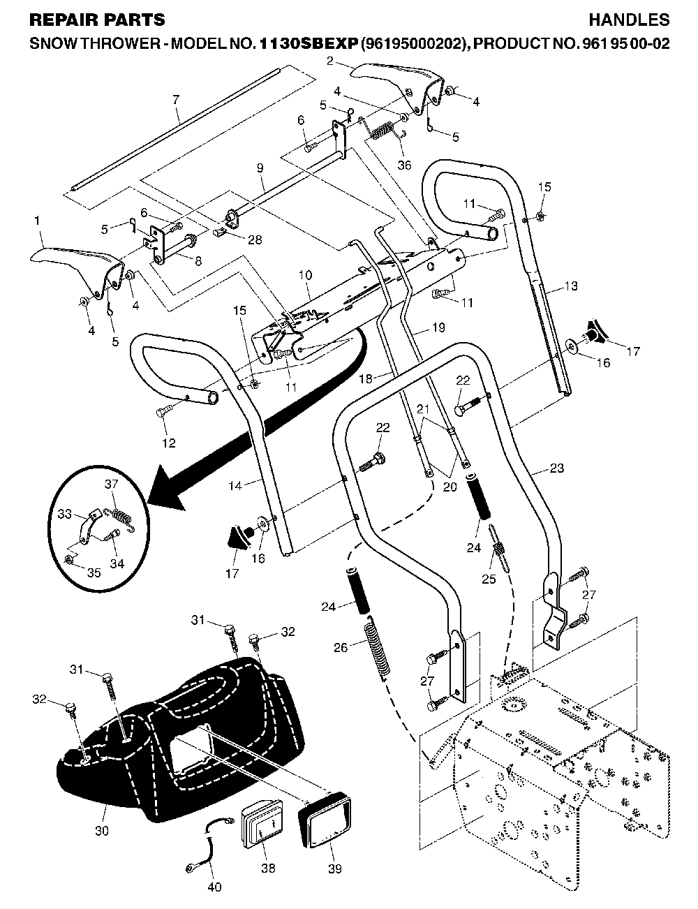 Handle And Controls Diagram and Parts List for 1130SBEXP (96195000202, 961950002)(2006-10) Husqvarna Snow Blower