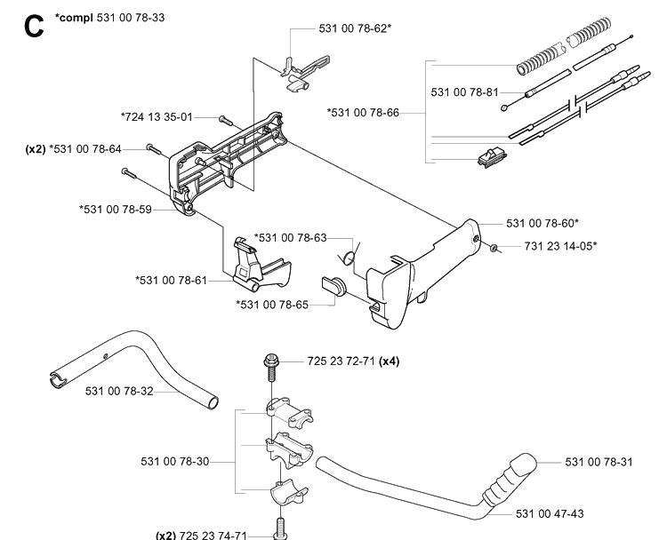 Handle And Controls Diagram and Parts List for 132R 20050100001-Current Husqvarna Brush Cutter