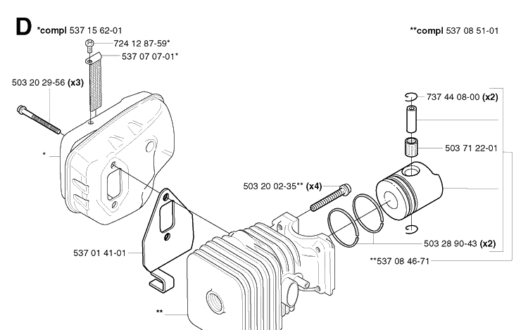 Cylinder, Piston And Muffler Diagram and Parts List for 326HS99 (X-SERIES)(20020100001-20030100000) Husqvarna Hedge Trimmer