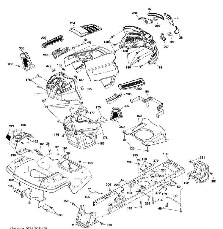 Chassis And Enclosures Diagram and Parts List for LGT48DXL (96043026000)(2017-09) Husqvarna Lawn Tractor