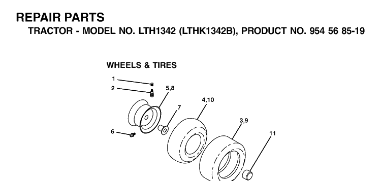 Wheels And Tires Diagram and Parts List for LTH1342-LTHK1342B 2002-02 Husqvarna Lawn Tractor