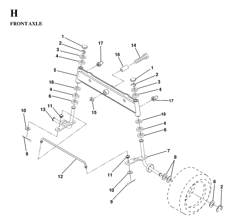 Front Axle Diagram and Parts List for LT130 (HE1336D)(1997-03) Husqvarna Lawn Tractor