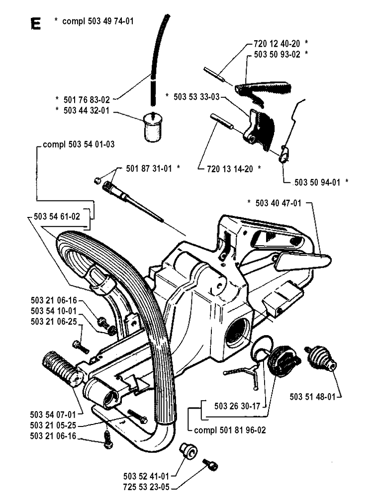 Fuel Tank And Handle Diagram and Parts List for 262XP 19942300001-19960100000 Husqvarna Chainsaw