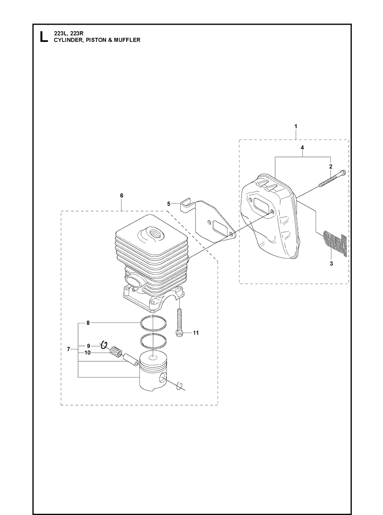 Cylinder, Piston And Muffler Diagram and Parts List for 223R 2011 Husqvarna Brush Cutter