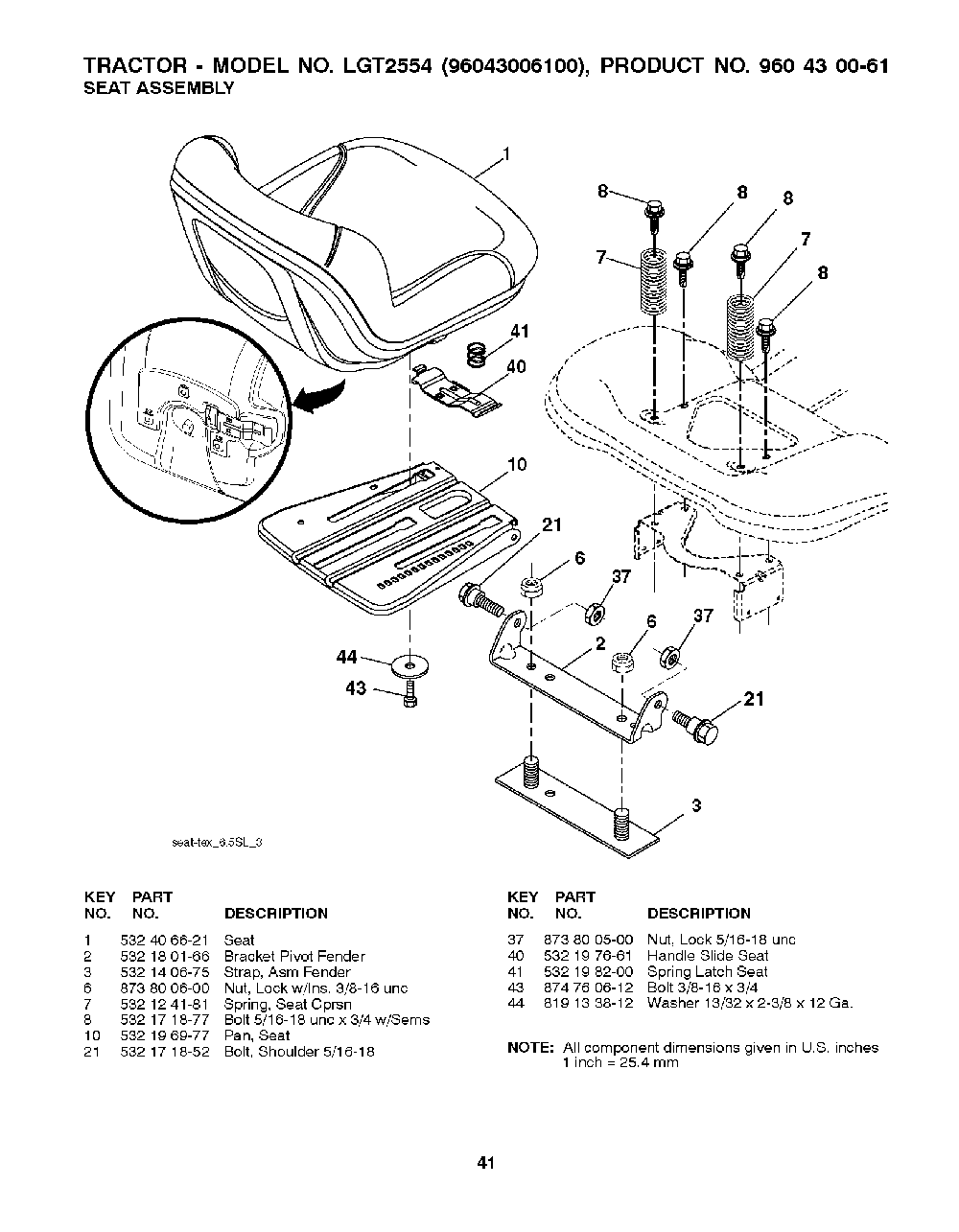 Seat Diagram and Parts List for LGT255496043006100 2008-12 Husqvarna Lawn Tractor