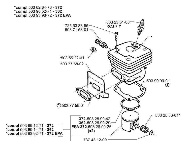 Piston/Cylinder Diagram and Parts List for 362EPA 2001-10 Husqvarna Chainsaw