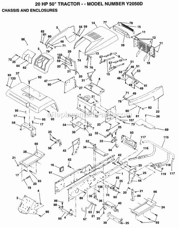 Chassis And Enclosures Diagram and Parts List for Y2050D 1994 Husqvarna Lawn Tractor