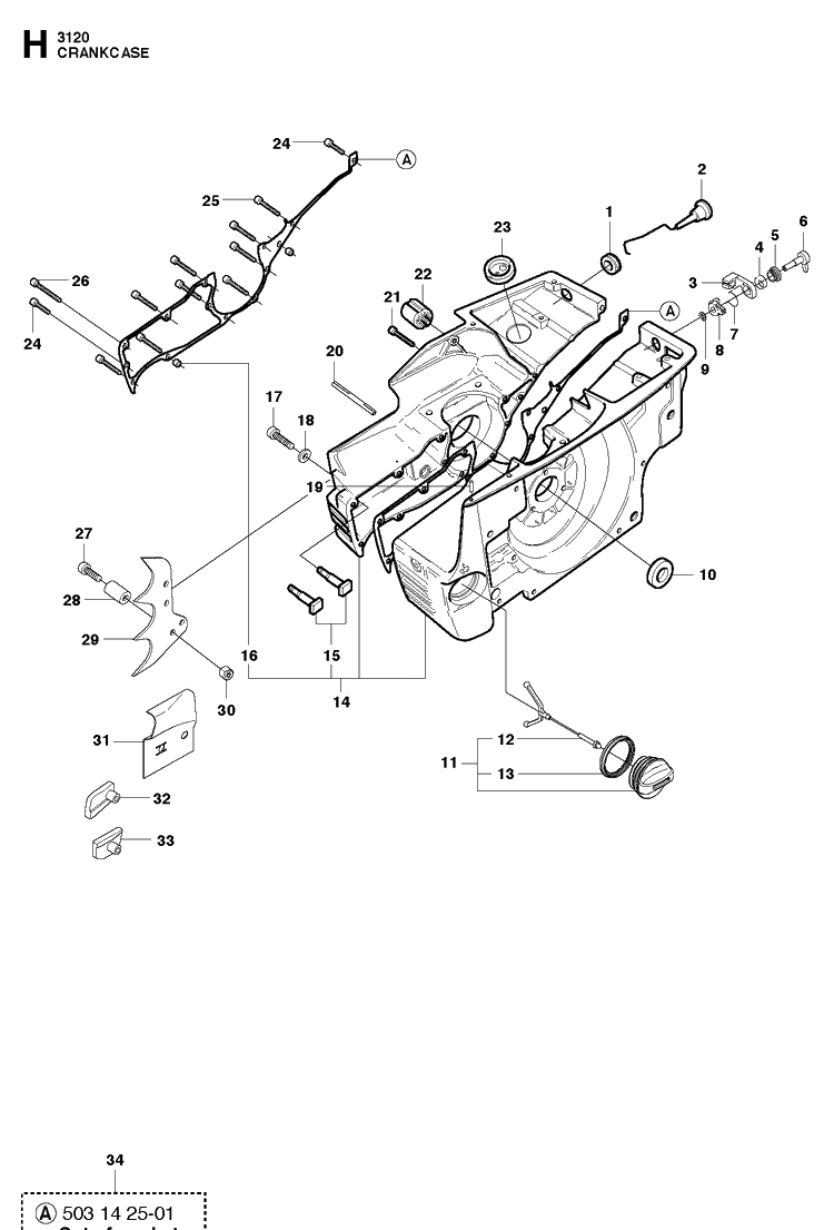 Crankcase Diagram and Parts List for 3120XP-3120XPEPA 20162700001-20180900000 Husqvarna Chainsaw