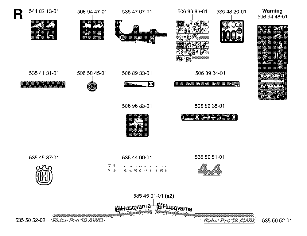 Decals Diagram and Parts List for RIDERPRO18AWD (953536601)(2005-03) Husqvarna Lawn Tractor