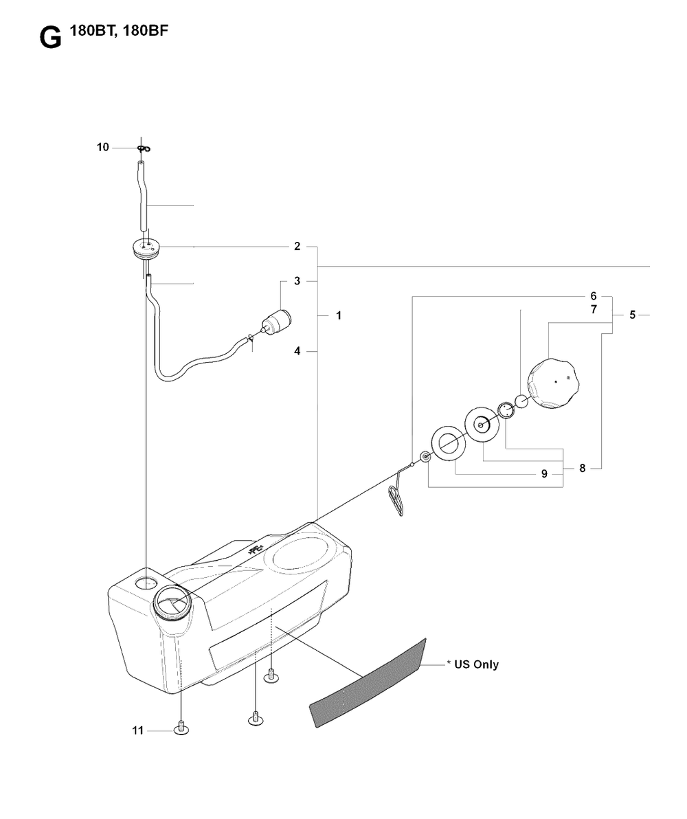 Fuel Tank Diagram and Parts List for 180BT 20084000001 & Above Husqvarna Leaf Blower / Vacuum