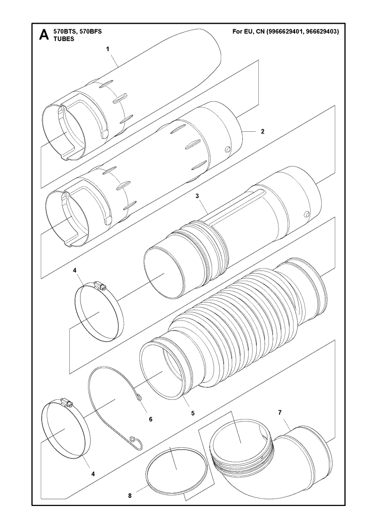 Tube Diagram and Parts List for 570BTS 220628-20190100001 and up Husqvarna Leaf Blower / Vacuum