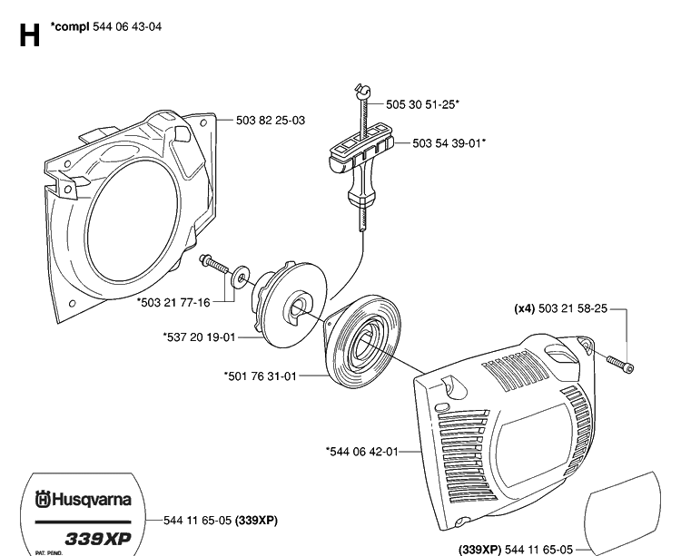 Starter Diagram and Parts List for 339XP 20063600001-20100600000 Husqvarna Chainsaw