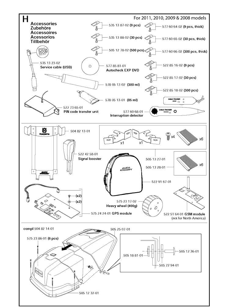 Accessories Diagram and Parts List for 220AC 2011-01 Husqvarna Lawn Mower