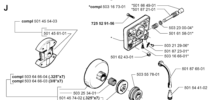 Clutch And Oil Pump Diagram and Parts List for 261 19992300001-Current Husqvarna Chainsaw