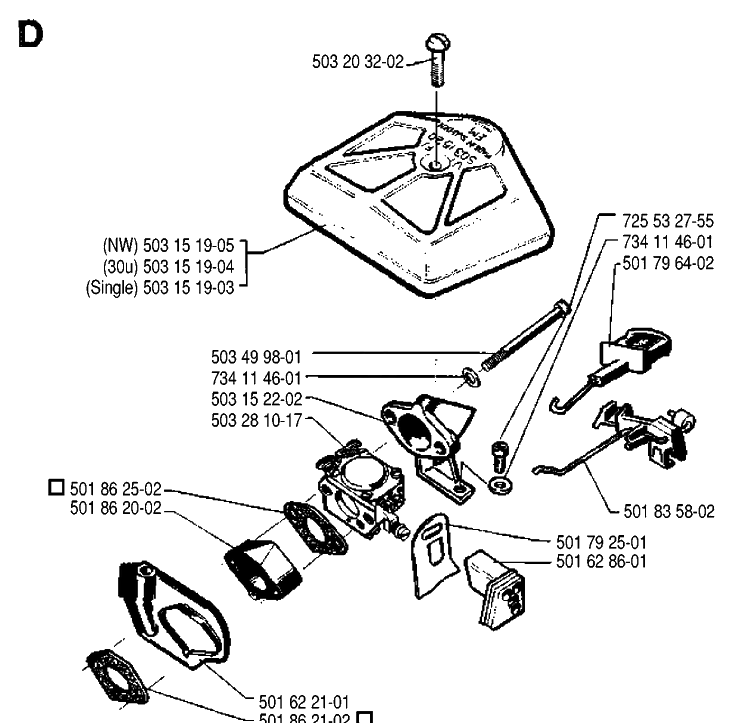 Carburetor And Air Filter Diagram and Parts List for 242 19900100001-19941400000 Husqvarna Chainsaw