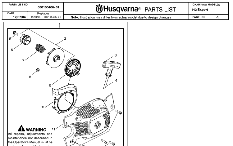 Starter Diagram and Parts List for 142 20050100001-20064900000 Husqvarna Chainsaw