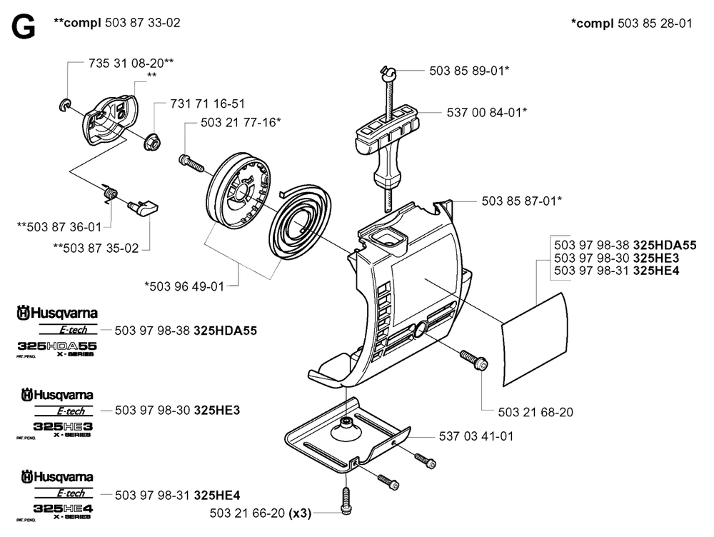 Starter Diagram and Parts List for 325HE4X 20010100001 - 20011800000 Husqvarna Hedge Trimmer