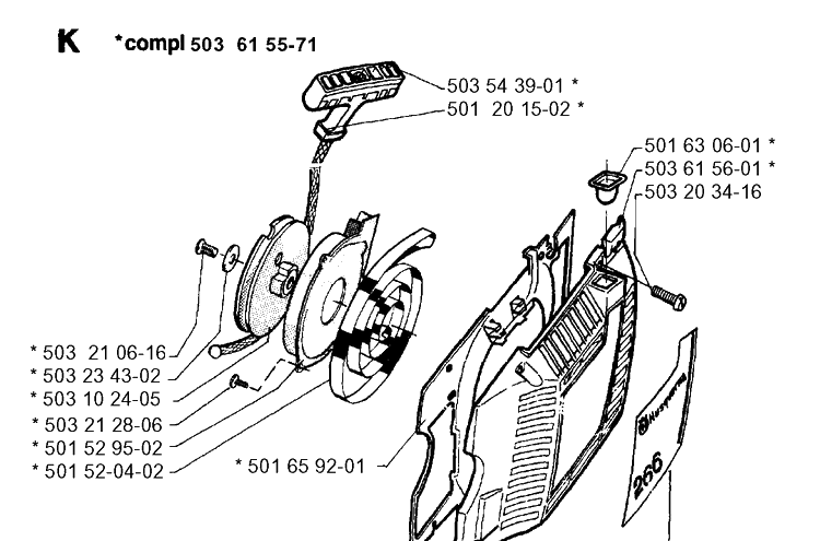 Starter Diagram and Parts List for 266 1993-09 replaced by 266 Husqvarna Chainsaw