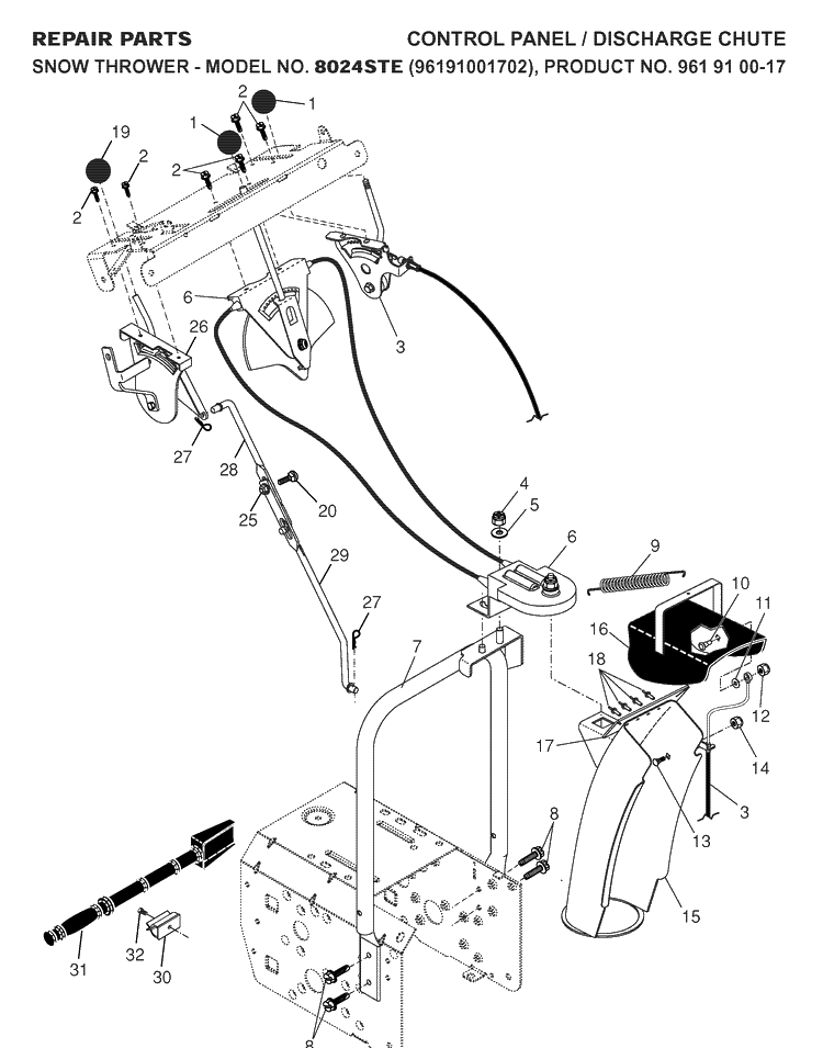 Control Panel And Discharge Chute Diagram and Parts List for 8024STE (96191001702)(2007-10) Husqvarna Snow Blower