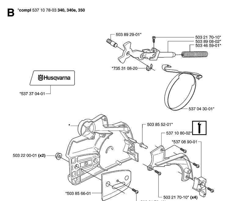 Chain Brake Diagram and Parts List for 340E 20062300001-Current Husqvarna Chainsaw