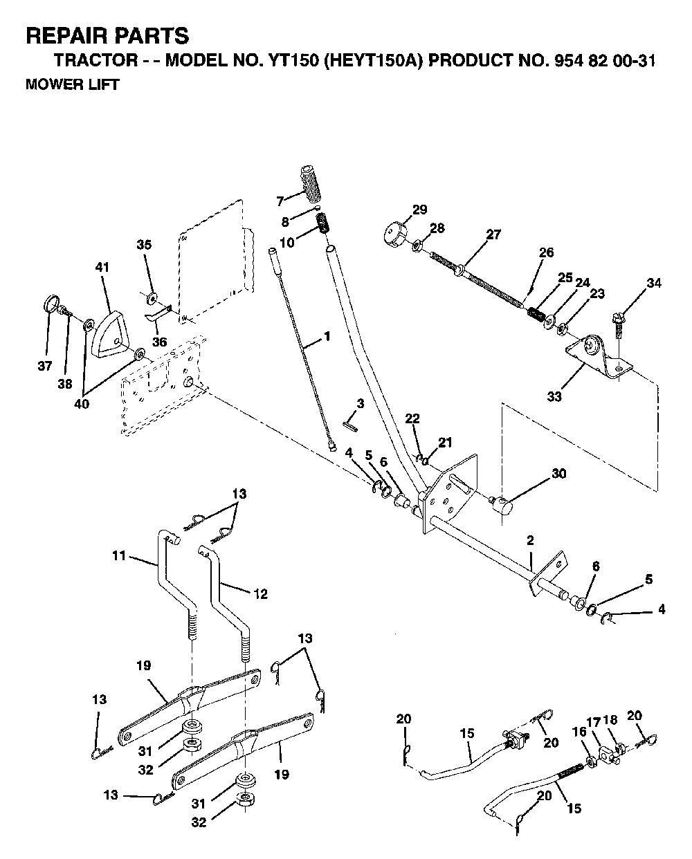 Mower Lift / Deck Lift Diagram and Parts List for YT150 (HEYT150A, 954820031)(1996-01) Husqvarna Lawn Tractor