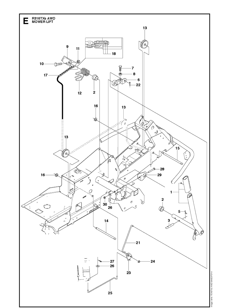 Mower Lift / Deck Lift Diagram and Parts List for R316TXSAWD (966757801)(2012) Husqvarna Lawn Mower