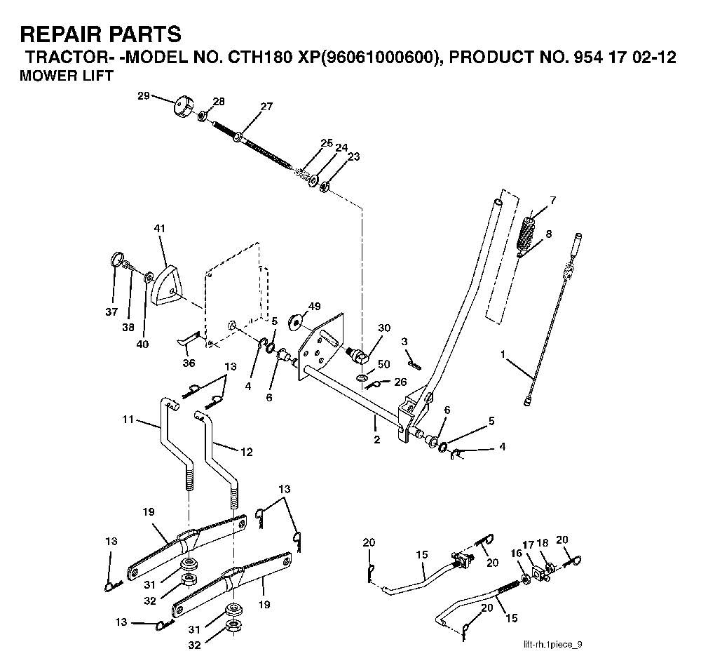 Mower Lift / Deck Lift Diagram and Parts List for CTH180XP (96061000600,954170212)(2005-01) Husqvarna Lawn Tractor