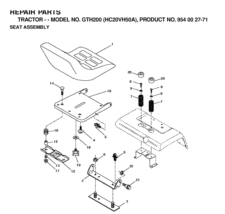 Seat Diagram and Parts List for GTH200 (HC20VH50A)(1996-04) Husqvarna Lawn Tractor