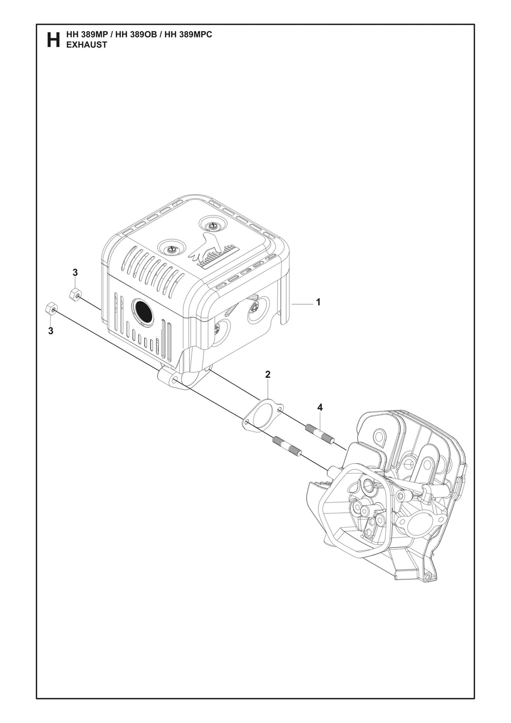 Exhaust Diagram and Parts List for HH389MP OB Husqvarna Engine