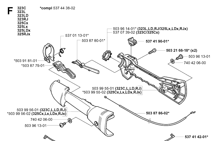 Handle And Controls Diagram and Parts List for 323L 20051800001-20061400000 Husqvarna Edger