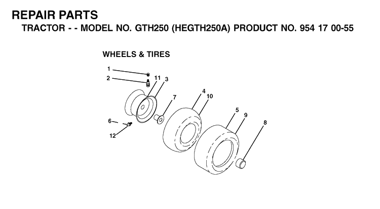 Wheels And Tires Diagram and Parts List for GTH250 (HEGTH250A)(2002-03) Husqvarna Lawn Tractor