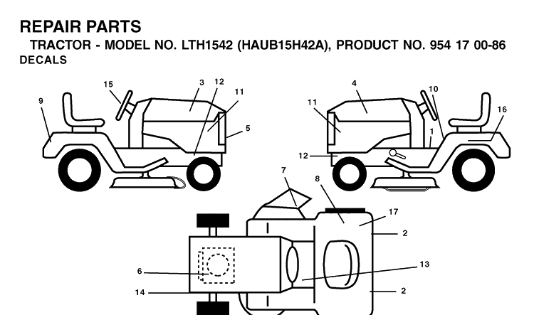 Decals Diagram and Parts List for LTH1542 (HAUB15H42A)(2003-01) Husqvarna Lawn Tractor