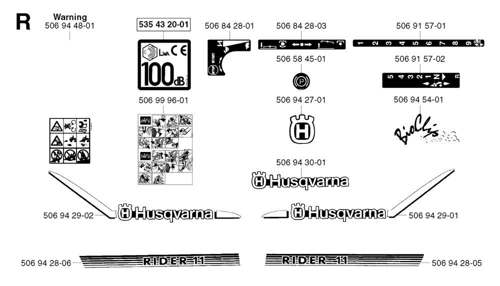 Decals Diagram and Parts List for R11BIO 2002-02 Husqvarna Lawn Tractor