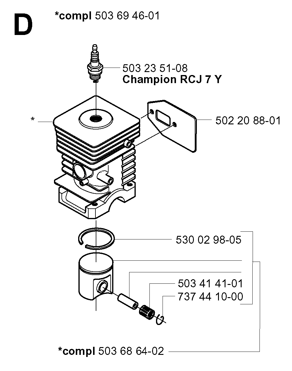 Cylinder Piston Diagram and Parts List for 240RBD 20004000001 & Above Husqvarna Trimmer