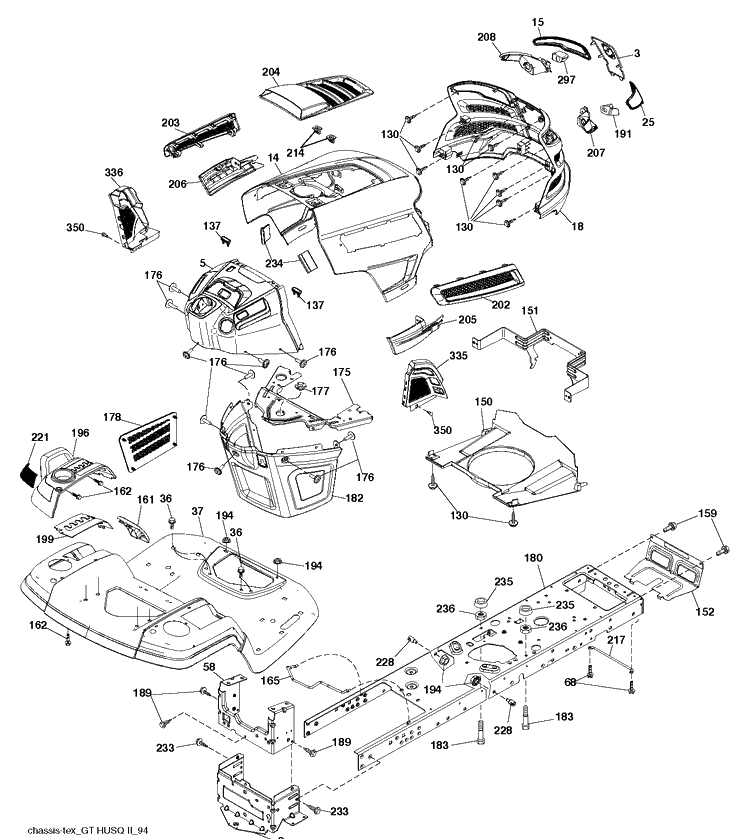 Chassis / Frame Diagram and Parts List for YTH24V48LS (96043011601)(2011-01) Husqvarna Lawn Tractor