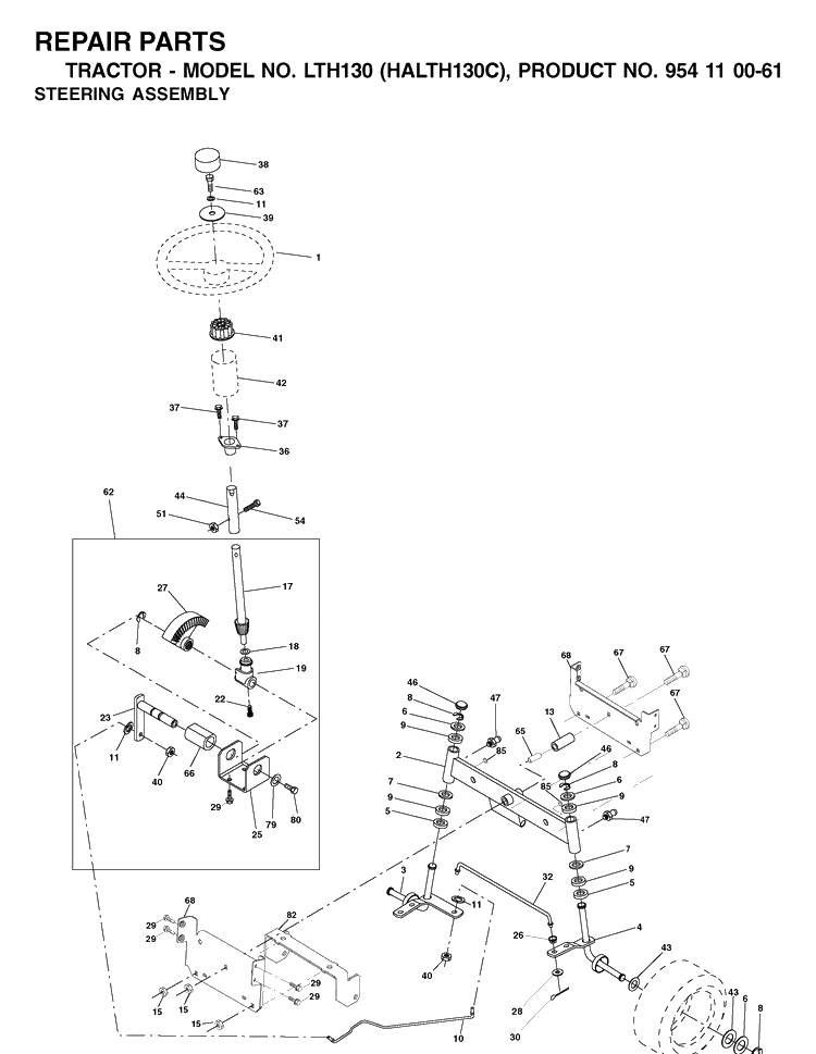 Steering Diagram and Parts List for LTH130 (HALTH130C)(954110061)(2003-01) Husqvarna Lawn Tractor
