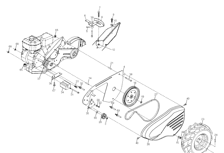Mainframe Left Side Diagram and Parts List for TR430DUAL (96091001802)(2011-09) Husqvarna Cultivator