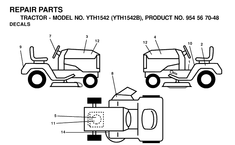 Decals Diagram and Parts List for YTH1542 (954567048)(2001-01) Husqvarna Lawn Tractor
