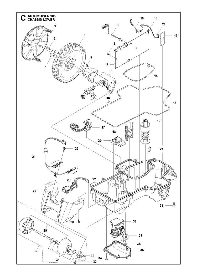 Chassis Lower Diagram and Parts List for 105 2019 Husqvarna Lawn Mower