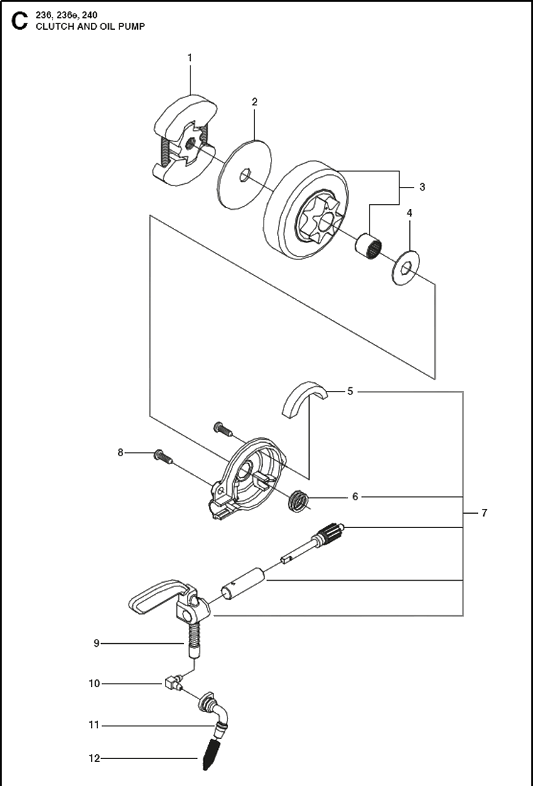 Clutch And Oil Pump Diagram and Parts List for 236 (967326401)(20144000001-Current) Husqvarna Chainsaw