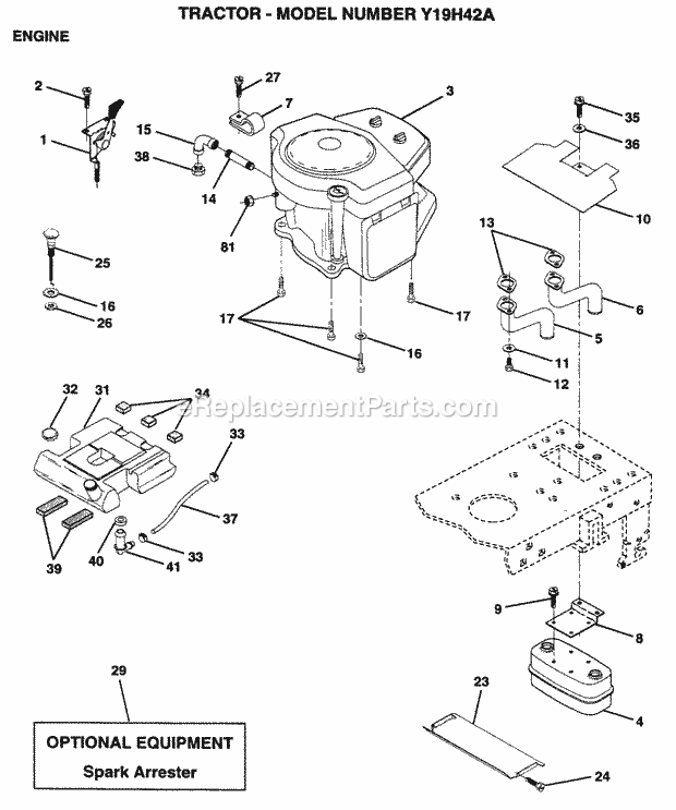 Engine Diagram and Parts List for Y19H42A 1995 Husqvarna Lawn Tractor