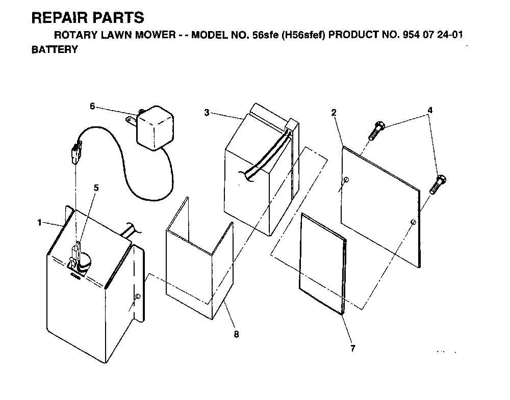 Battery Diagram and Parts List for 56SF (H56SFG, 954072501)(1995-03) Husqvarna Lawn Mower