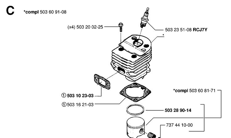 Cylinder Piston Diagram and Parts List for 55 (RANCHER)(19983100001-20001900000) Husqvarna Chainsaw