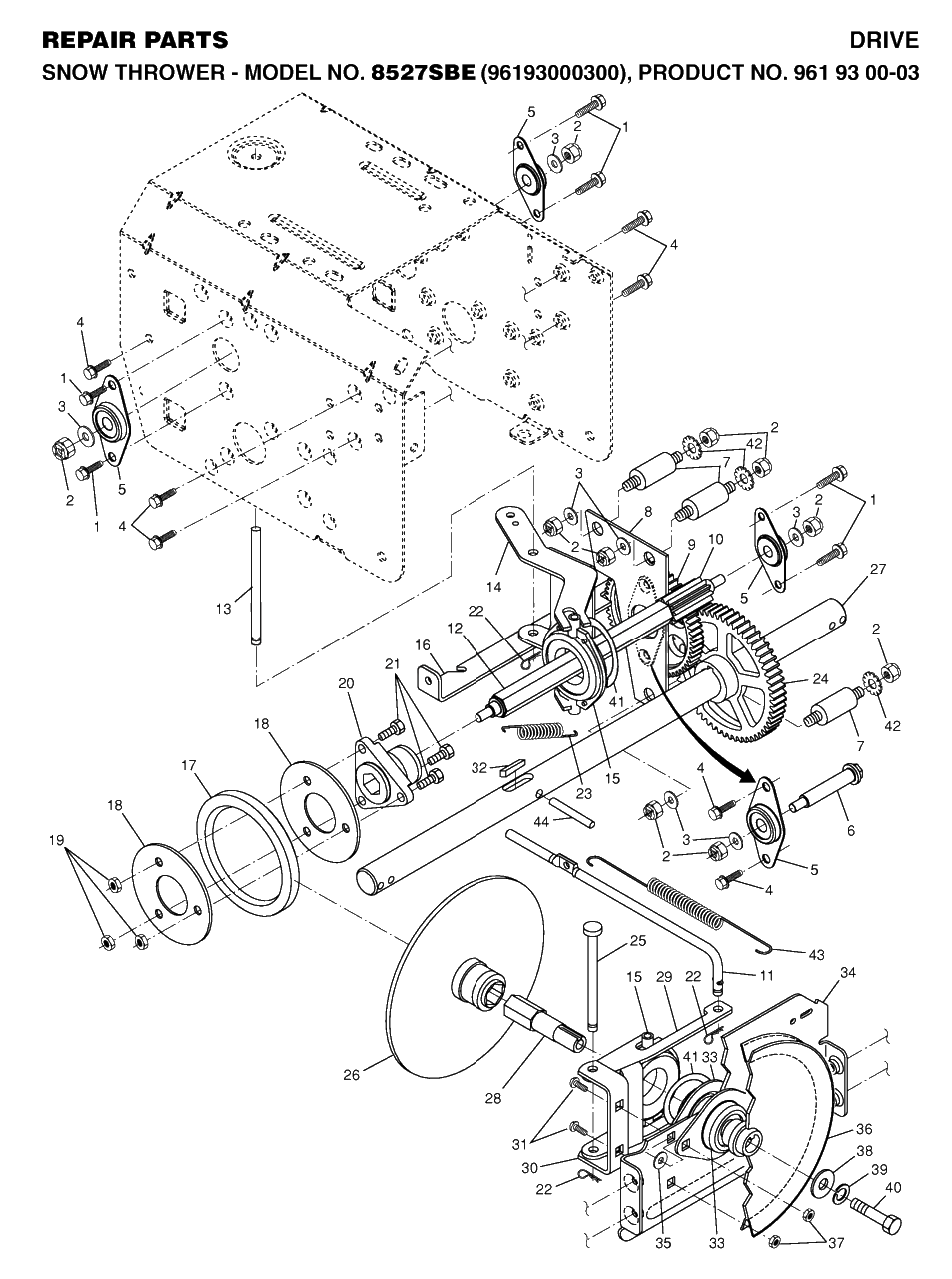 Drive Diagram and Parts List for 8527SBE (961930003-00)(2006-05) Husqvarna Snow Blower