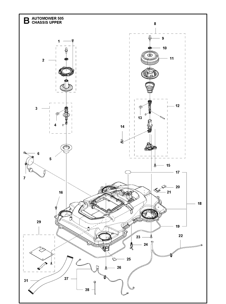 Chassis Upper Diagram and Parts List for 505 2021-01 Husqvarna Lawn Mower