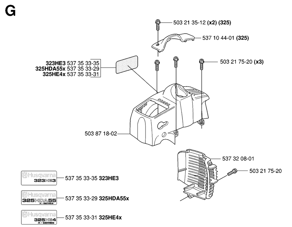 Cover Diagram and Parts List for 325HDA55X 20053600001 - 20054000000 Husqvarna Hedge Trimmer