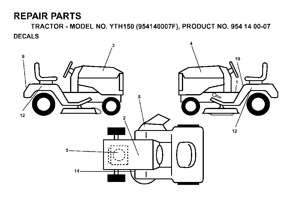 Decals Diagram and Parts List for YTH150 (954140007F, 954140007)(1998-07) Husqvarna Lawn Tractor